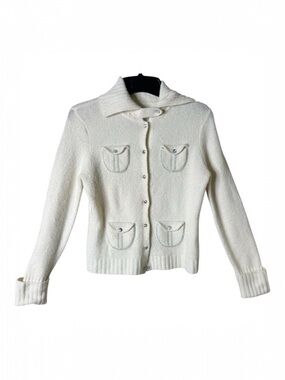 Lucidity Womens Wool Blend Cream Rhinestone Button Quiet Luxury Cardigan Large
